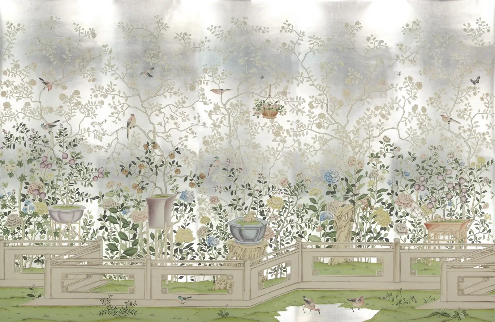 De Gournay hand-painted flowering trees and birds on White Metal gilded paper